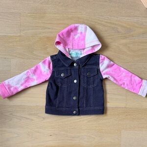 Baby Girl Knit Denim Hooded Jean Jacket with Contrast Sleeves